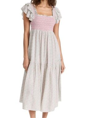 LoveShackFancy Pink Floral Ruffle Strap Maxi Dress